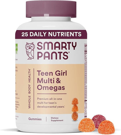 SmartyPants Teen Girl Multivitamin Gummies: Omega 3 Fish Oil (EPA/DHA), Vitamin C, D3, B12, Vitamin A, K & Zinc, Gluten Free, Includes Biotin to Support Hair, Skin & Nails, 120 Count (30 Day Supply)