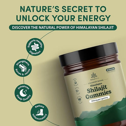Organic Shilajit Gummies for Men and Women - Lab Tested - Made in USA - Pure Himalayan Organic - Fulvic Acid - Energy and Focus - Holistic Health Supplements (Strawberry Banana)
