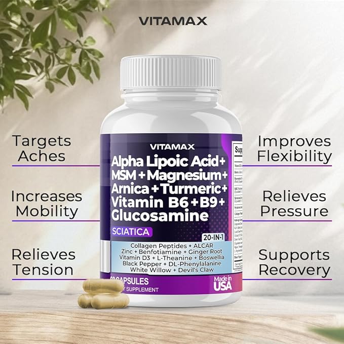 Sciatica Nerve Health Support - Sciatic Nerve Supplement Capsules with Folic Acid, Pea, Glucosamine, MSM, Vitamin B Complex, Alpha Lipoic Acid 300mg - Made in USA (60 Count (Pack of 2))