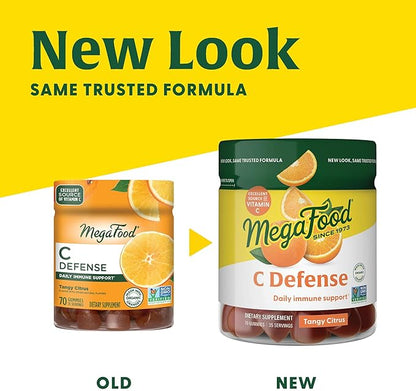 MegaFood C Defense Daily Immune Support Supplement - Chewable Vitamin C Gummies, Tangy Citrus Flavor, Made with Real Food Like Orange & Cranberry, Vegan, Gluten-Free - 70 Gummy Vitamins, 35 Servings