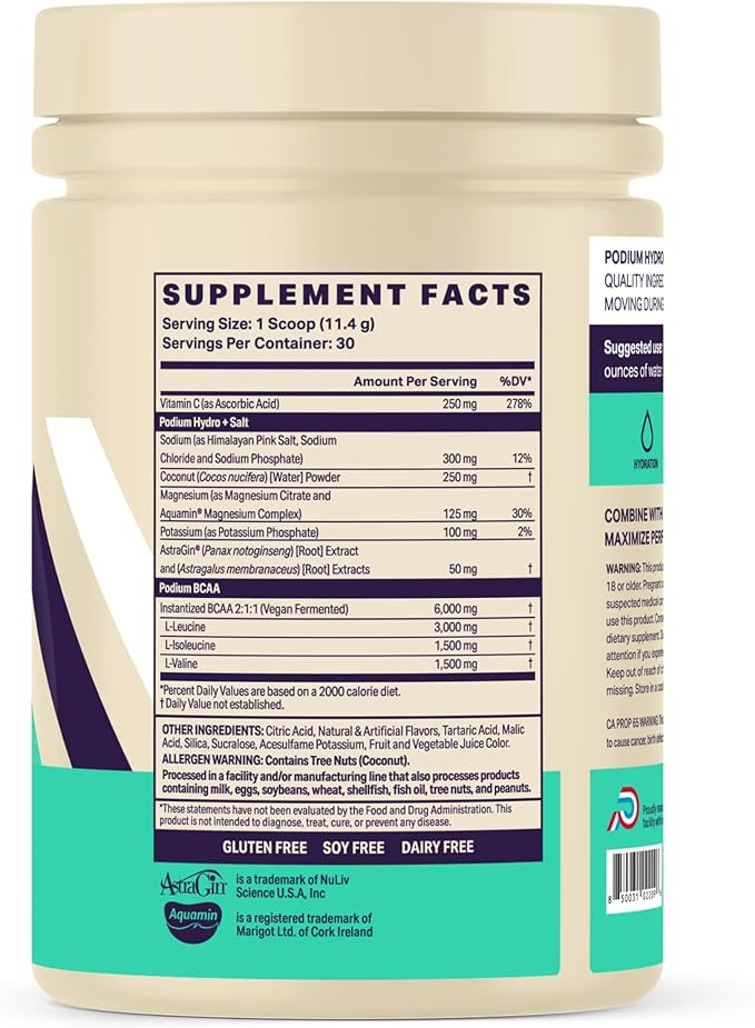 Podium Nutrition, Instantized BCAA Powder, Hydro and Salt, Sour Watermelon, 30 Servings, Electrolytes, Hydration, Recovery