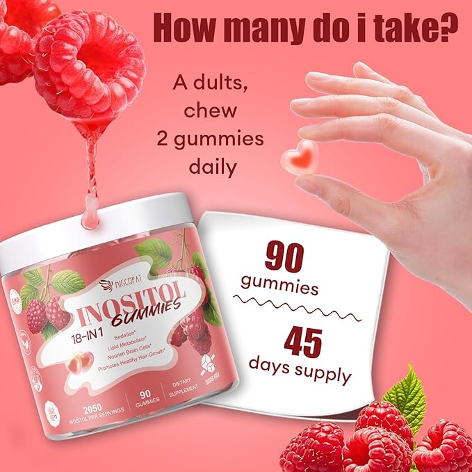 Inositol Multivitamin Gummies, Myo-Inositol&D-chiral Inositol Ideal 40:1 Ratio, Inositol Supplement with Omega-3, Magnesium, Folate, Hormone Balance, Raspberry Flavor, Sugar Free, 90 Count