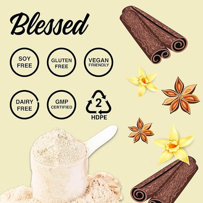 Blessed Vegan Protein Powder - Plant Based Protein Powder Meal Replacement Protein Shake, 23g of Pea Protein Powder, Dairy Free, Gluten Free, Soy Free, No Sugar Added, 30 Servings (Vanilla Chai)