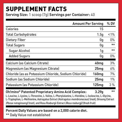 Oh!mino Amino Acid Energy Blend - Pre-Post Workout Powder, BCAA Amino Acids, Workout Recovery Drink, Muscle Synthesis Activator, Caffeinated Berry Blast, 280 g, 40 Servings