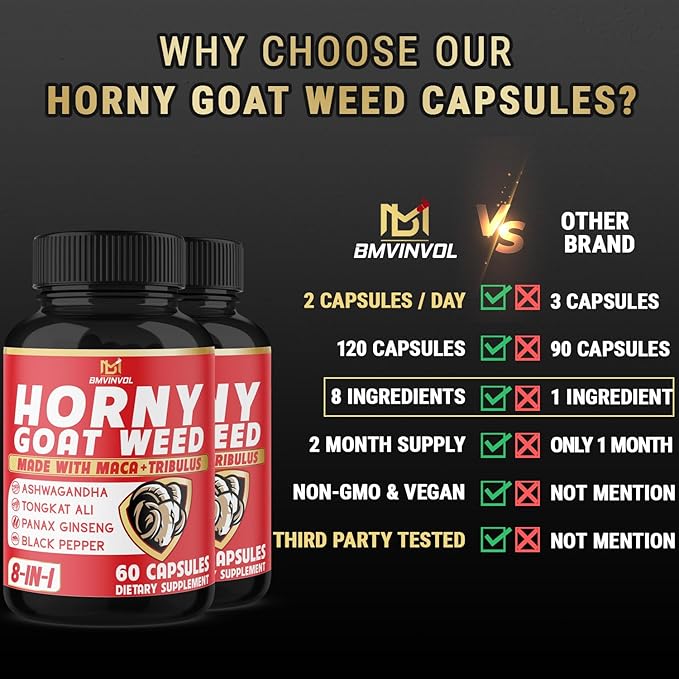 BMVINVOL Horny Goat Weed Capsules with Tribulus, Ginseng, Ashwagandha, Maca, Tongkat Ali - (2 Packs) 120 Capsules