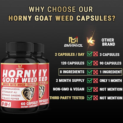 BMVINVOL Horny Goat Weed Capsules with Tribulus, Ginseng, Ashwagandha, Maca, Tongkat Ali - (2 Packs) 120 Capsules