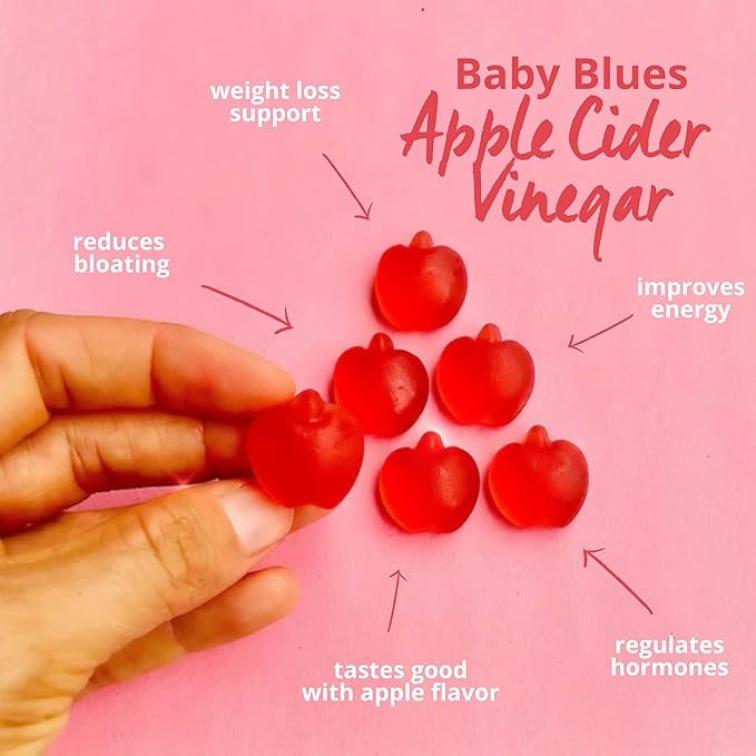 Baby Blues Apple Cider Vinegar Gummies - Vegan, Non-GMO & Gluten-Free, Postpartum Dietary Supplement with Both Vitamin B-6 & B12, 60 Pieces per Bottle
