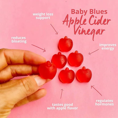 Baby Blues Apple Cider Vinegar Gummies - Vegan, Non-GMO & Gluten-Free, Postpartum Dietary Supplement with Both Vitamin B-6 & B12, 60 Pieces per Bottle