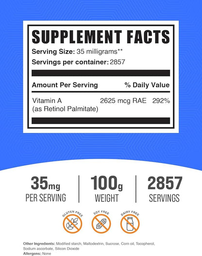 BulkSupplements.com Vitamin A Palmitate Powder - as Retinol Palmitate, Vitamin A Supplement for Immune & Eye Support - Gluten Free, 35mg per Serving, 100g (3.5 oz) (Pack of 1)