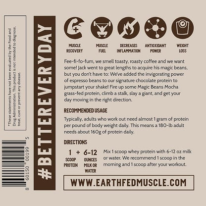 Earth Fed Muscle Magic Beans Mocha Truly Grass Fed Whey Protein Isolate Powder - Non GMO, Hormone Free, Soy Free, Gluten Free, Keto - 2lb, 31 Servings