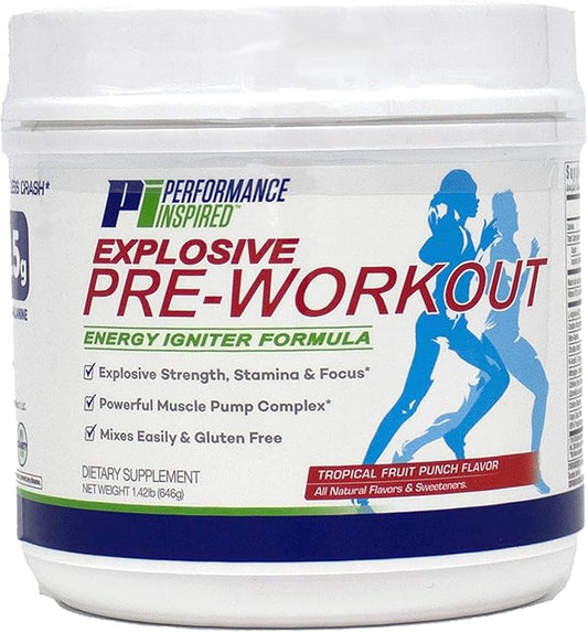 Performance Inspired Nutrition PreWorkout Powder - All Natural - G-Free & Vegan Formula - Contains Citrulline - Nitrosigine - Green Tea - Arginine - Beta Alanine - Tropical Fruit Punch - 32 Servings