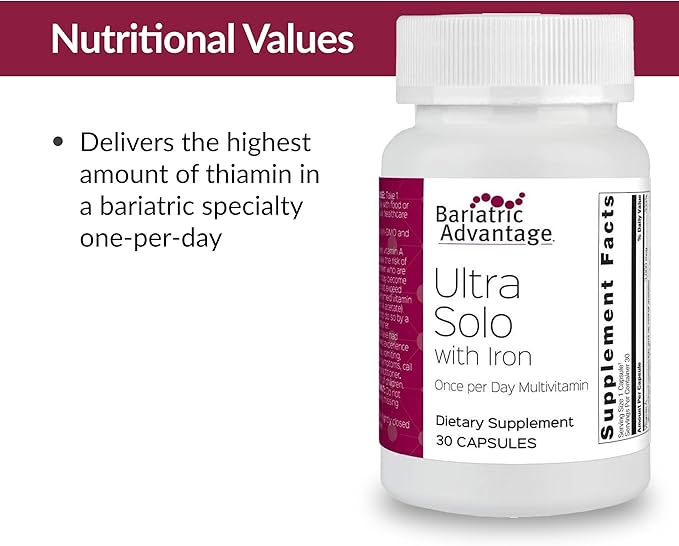Bariatric Advantage Ultra Solo with Iron Daily Multivitamin for Gastric Bypass Surgery and Sleeve Gastrectomy Patients, Includes Vitamin B12, C, D, K, Thiamin and Copper - 30 Count