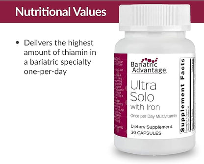 Bariatric Advantage Ultra Solo with Iron Daily Multivitamin for Gastric Bypass Surgery and Sleeve Gastrectomy Patients, Includes Vitamin B12, C, D, K, Thiamin and Copper - 30 Count