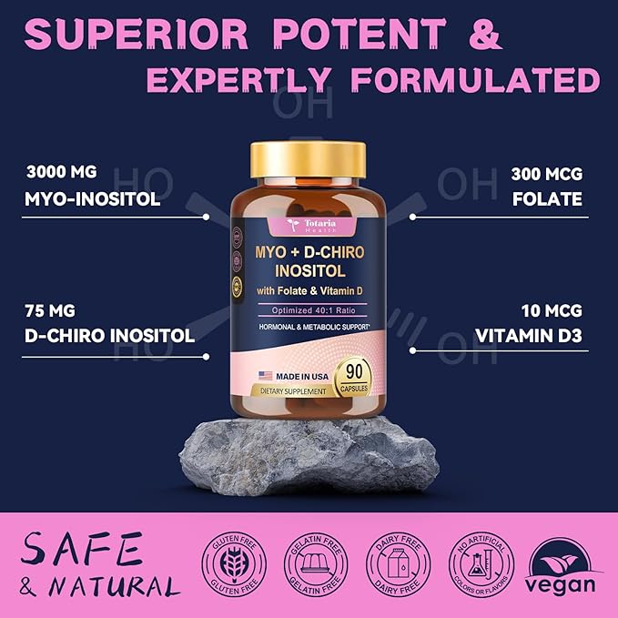 Inositol Supplement for Women with Vitamin D3, Folate, 40:1 Ratio Myo-Inositol 3000mg & D-Chiro Inositol 75mg Complex, (Vitamin B8) Inositol Capsules, 90 Capsules, 30 Servings