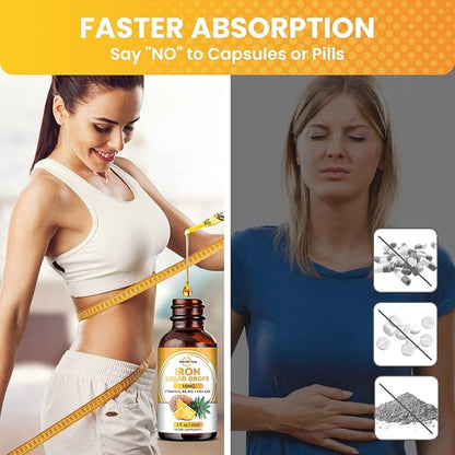 Liquid Iron Supplement for Women, Men & Kids, Liquid Iron Drops with Folate, Vitamin C, B6, B12 for Anemia, Red Blood Cell, Energy Support, Pineapple Flavor, 2 Fl Oz
