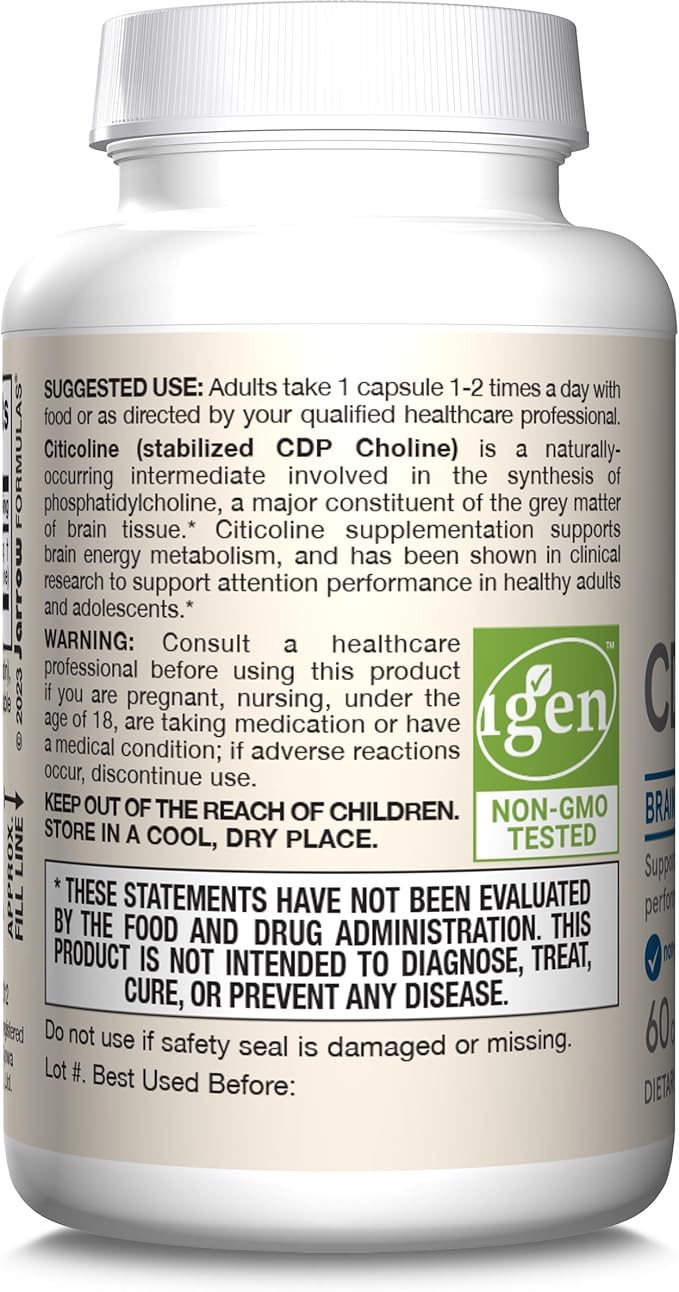 Jarrow Formulas Citicoline CDP Choline 250 MG, CDP Choline Supplement Supports Brain Health, Performance and Memory, 60 Capsules, Up to a 60 Day Supply