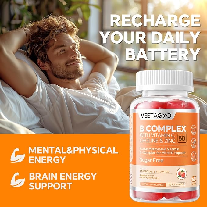 B Complex 50 Gummies ,Methylated B Complex with Vitamin C,Choline & Zinc - Active Methylated B-Complex for Energy,Methylated Support - All B Vitamins - B1,B2,B3,B5,B6,B7,B9,B12 - Sugar Free,120 Count