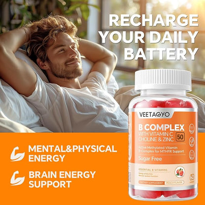 B Complex 50 Gummies ,Methylated B Complex with Vitamin C,Choline & Zinc - Active Methylated B-Complex for Energy,Methylated Support - All B Vitamins - B1,B2,B3,B5,B6,B7,B9,B12 - Sugar Free,120 Count