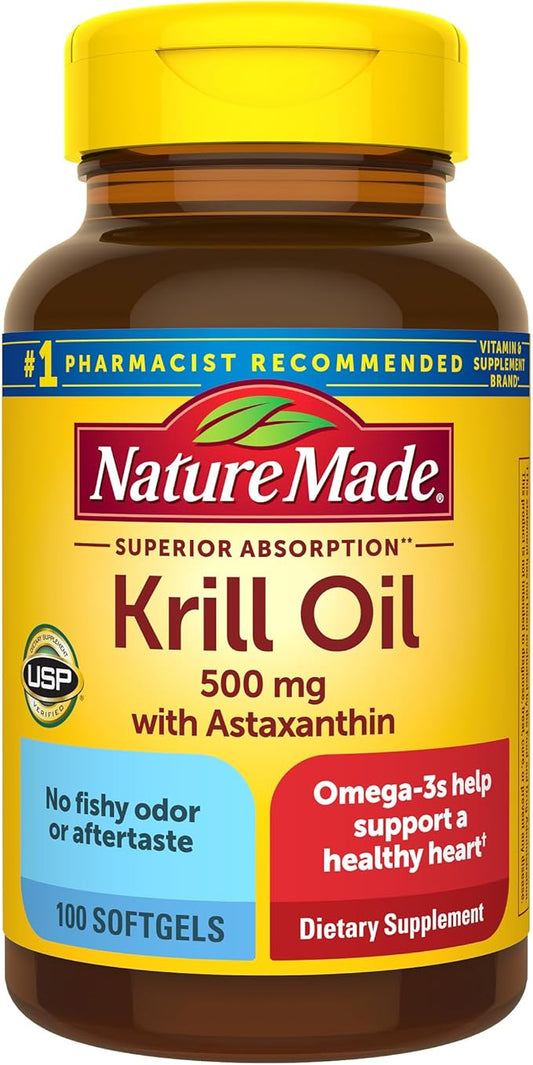 Nature Made Superior Absorption Krill Oil 500mg with Astaxanthin and Phospholipids, Omega 3s for Heart Health Support, 100 Softgels, 100 Day Supply