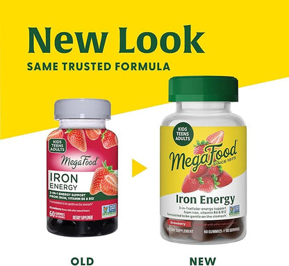 MegaFood Iron Energy Gummies - Vegan & Gluten-Free Iron Supplement for Women, Men, Teens & Kids with Vitamin B12 & B6, from The Makers of Blood Builder Iron Supplement, Strawberry Flavor - 60 Gummies