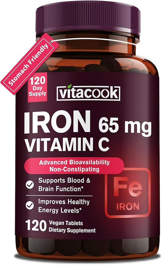 Iron Supplement for Women Men | High Potency Iron 65mg with Vitamin C 250mg | Stomach Friendly Iron Pills for Red Blood Cell & Immune Support | Vegan, Non-GMO & Gluten Free | 120 Iron Tablets