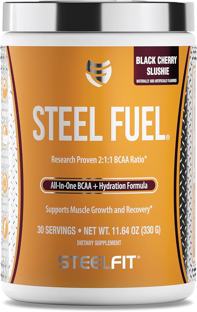 SteelFit Steel Fuel BCAA + Electrolyte Powder | Sugar-Free 2:1:1 Amino Acids Formula | Black Cherry Slushie, 30 Servings | No Crash Workout Hydration, Muscle Growth & Recovery