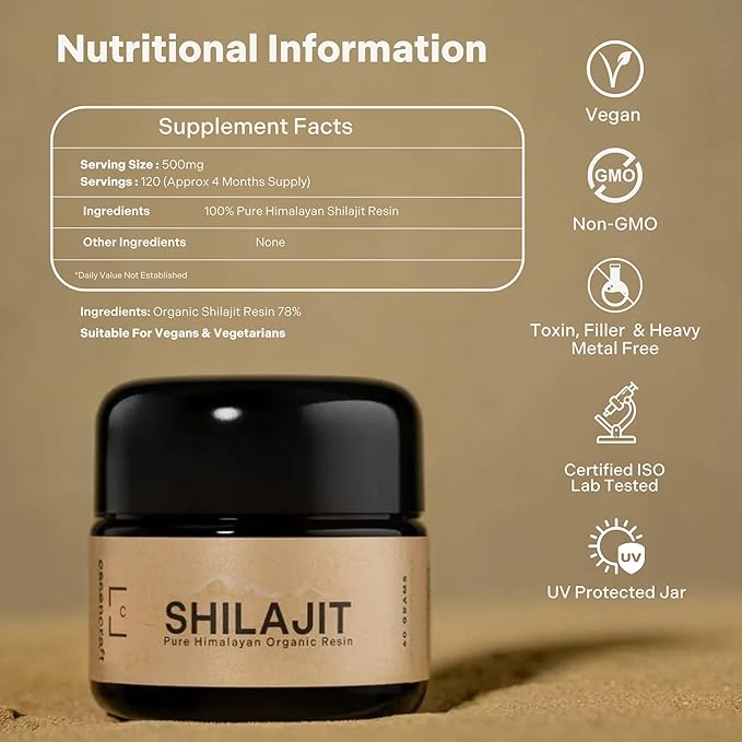 Pure Himalayan Organic Shilajit Resin - 500mg Max Potency, 85+ Trace Minerals, Humic & Fulvic Acid, Natural Shilajit Supplement for Immune Support, Energy & Cognitive Performance, 4 Month Supply, 60g