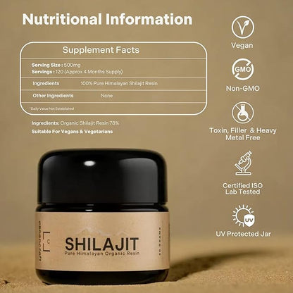 Pure Himalayan Organic Shilajit Resin - 500mg Max Potency, 85+ Trace Minerals, Humic & Fulvic Acid, Natural Shilajit Supplement for Immune Support, Energy & Cognitive Performance, 4 Month Supply, 60g