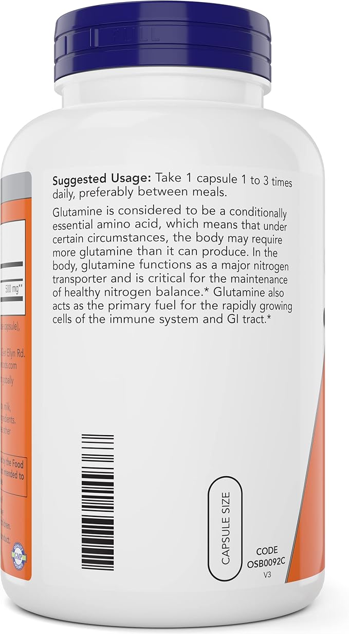 Now L-Glutamine 500mg 300 Veg Capsules - Non-GMO Supplement - Vegan Lglutamine Caps