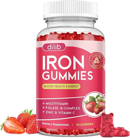Iron Gummies with Multivitamin, Iron Supplement for Women & Men with Zinc, Vitamin B Complex & C, B12, Folate - Blood Builder & Energy Support for Adults & Kids - Strawberry Flavor, Vegan 60 Gummies