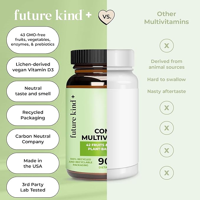 Future Kind Vegan Multivitamins Complete (90tabs in Recycled Bottle) - 42-in-1 Vegan Multivitamins for Women & Men - Multivitamin w Enzymes & Probiotics for Digestion - Vegan Vitamins w B12 & Zinc