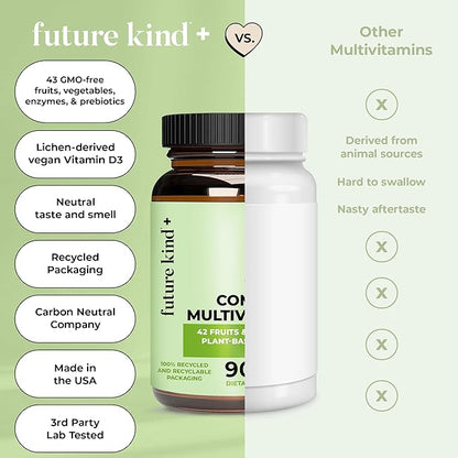 Future Kind Vegan Multivitamins Complete (90tabs in Recycled Bottle) - 42-in-1 Vegan Multivitamins for Women & Men - Multivitamin w Enzymes & Probiotics for Digestion - Vegan Vitamins w B12 & Zinc