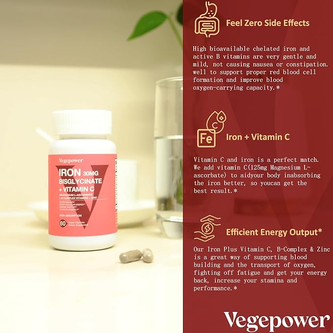 Iron Bisglycinate Supplement for Women & Men - 30mg Iron Pills with Vitamin C, B12, Folic Acid - Chelated Iron for Anemia, Blood Builder - High Absorption, Gluten-Free, Non-GMO - 60 Vegan Caps