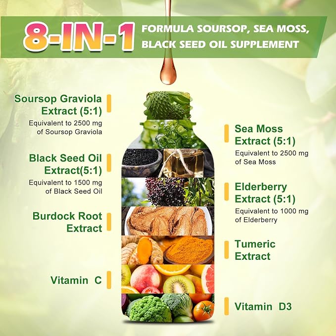 Soursop Bitters Liquid Drops with Irish Sea Moss, Black Seed oil, Soursop Graviola Leaves Extract - Soursop Multivitamin Complex Supports Antioxidant, Slowing Cell-Aging, Gut Cleanse, Detox & Immunity