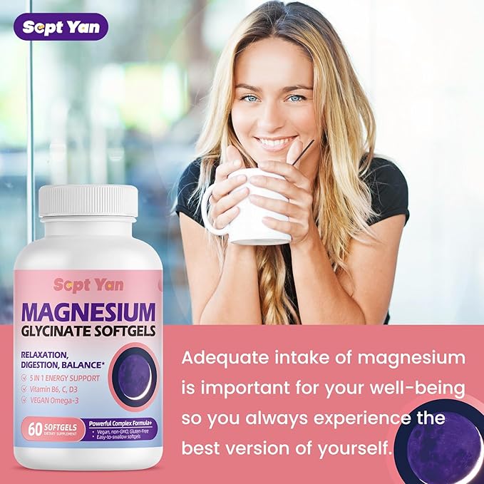 Magnesium Glycinate Softgels, with Vitamin B6, C, D3, Omega-3 | Highly Absorbable Magnesium Supplement for Calm, Muscle & Sleep Support | Easy to Swallow Soft Gels for Women & Men Vegan | 60 Count