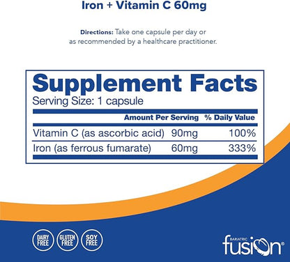 Bariatric Fusion Iron Supplement 60mg with Vitamin C | Easy to Swallow Capsule | Ferrous Fumarate Vitamins for Women and Men | Gluten, Dairy and Soy Free | Non-GMO | 60 Count