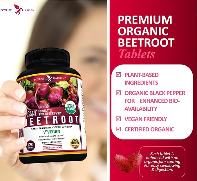 Potent Garden Organic Beet Root Powder (120 Tablets) 1350mg Beets Per Serving with Black Pepper for Extra Absorption - Super Antioxidant and Nitrate Supplement for Athletic Performance and Stamina