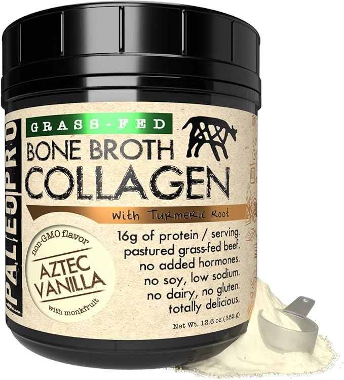 PaleoPro Bone Broth Collagen w/Turmeric Root (Aztec Vanilla) Grass-Fed & Pastured Beef Collagen | Gluten Free, Dairy Free, No Sugar, Soy, Grains or Net Carbs |Paleo & Keto Friendly (20 Servings)