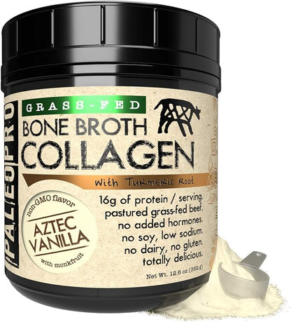 PaleoPro Bone Broth Collagen w/Turmeric Root (Aztec Vanilla) Grass-Fed & Pastured Beef Collagen | Gluten Free, Dairy Free, No Sugar, Soy, Grains or Net Carbs |Paleo & Keto Friendly (20 Servings)