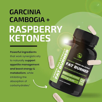 Green Tea Weight Loss Pills | Belly Fat Burner, Metabolism Booster, & Appetite Suppressant for Women & Men | 45% EGCG | With Green Coffee Bean Extract | Vegan, Gluten-Free Supplement | 120 Capsules