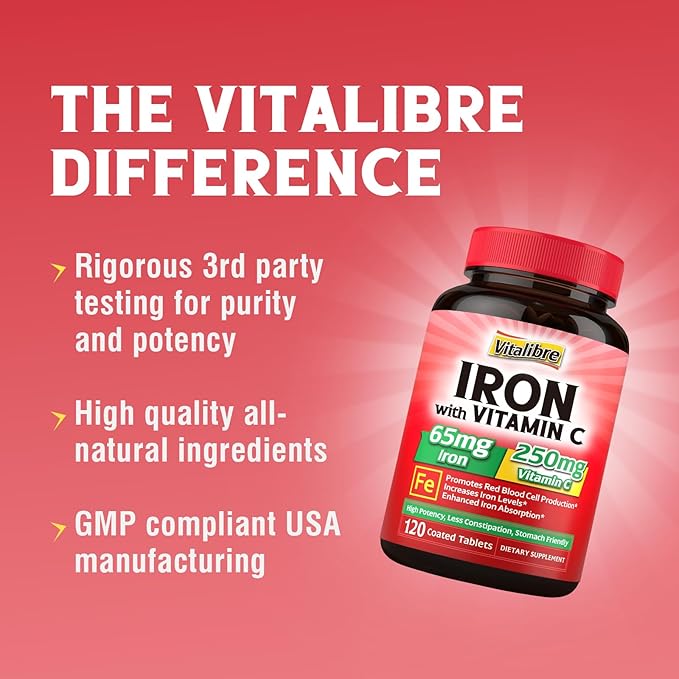 Iron Supplement 65mg with Vitamin C, Stomach Friendly Carbonyl Iron, High Potency & Absorption, for Healthy Iron & Energy Levels, Supports Red Blood Cell Production, 120 Tablets