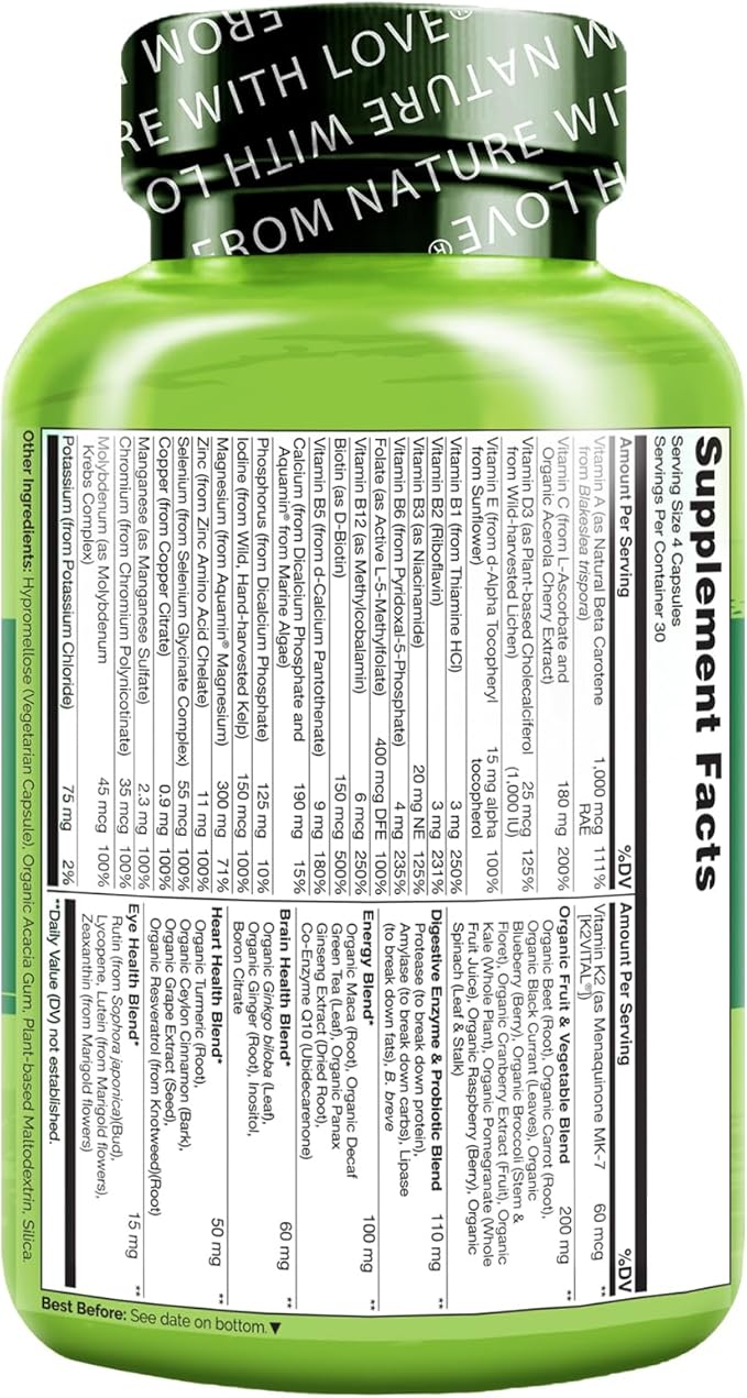 NATURELO Mens Multivitamins - Whole Food Multivitamin for Men with Vitamins, Minerals - 120 Vegetarian Capsules for Energy, Brain, Heart, Eye Health*