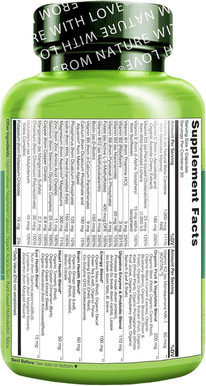 NATURELO Mens Multivitamins - Whole Food Multivitamin for Men with Vitamins, Minerals - 120 Vegetarian Capsules for Energy, Brain, Heart, Eye Health*