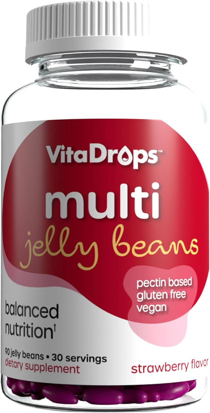 Multivitamin Jelly Beans, Women & Men, Source of Vitamin A C D E B-3 B-6 & Biotin, Supports Immune System, Pectin Based, Vegan & Gluten Free, Strawberry Flavor, 90 Jelly Beans, 30 Servings