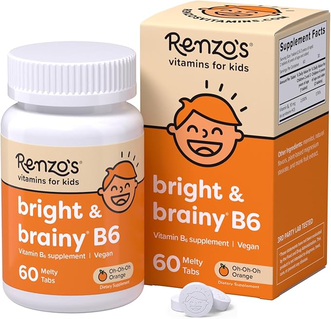 Renzo's Bright & Brainy Vitamin B6 - Dissolving Kids Vitamin B6-60 Sugar-Free Melty Tabs, Oh Oh Oh Orange Flavored