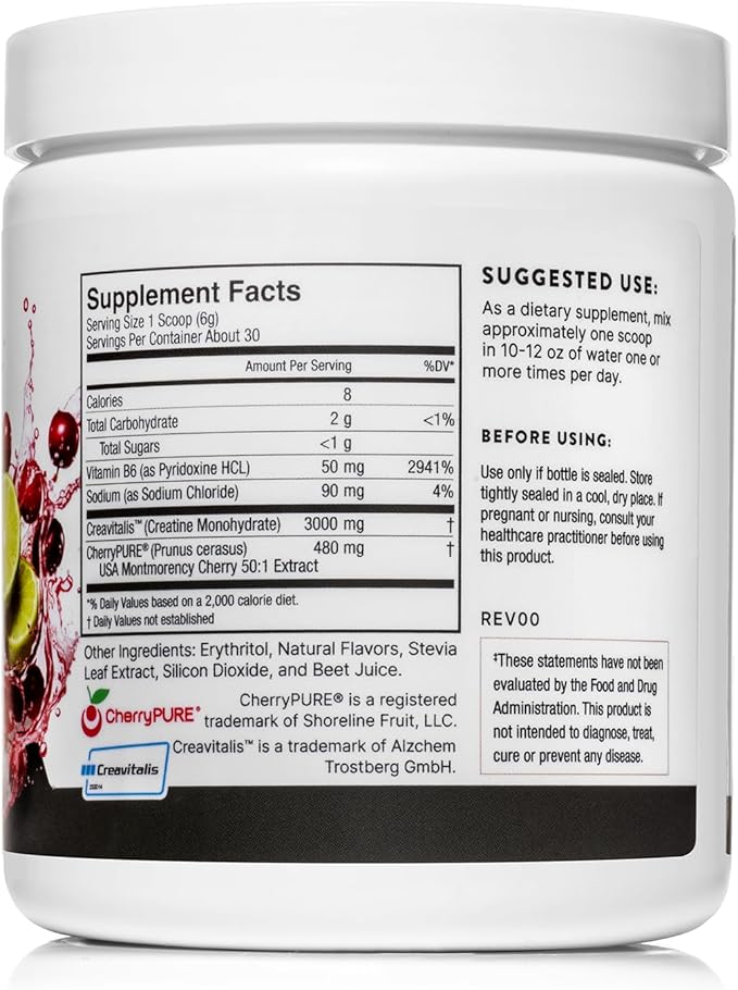 German Micronized Creatine + USA Tart Cherry + Vitamin B6 - Pre and Post Workout Supplement for Women & Men, Tart Cherry Lime Flavor, Caffeine-Free Nourishment for Body and Brain