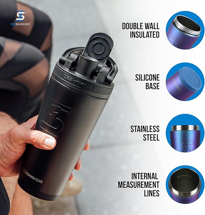 Ice Shaker Insulated Stainless Steel Shaker Bottle | 26oz, Wisteria | Cold for 30+ Hours | Insulated Cup with Twist-on Agitator | Odor-Free Shaker Cup for Protein Shakes, Water, Smoothies, Cocktails