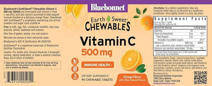 Bluebonnet Nutrition EarthSweet Vitamin C 500 mg Powerful Antioxidant Protection & Immune Health Support Supplement - Maximum Absorption - Gluten-Free, Vegan - Flavor - Chewable Tablets Orange, 90 Count (Pack of 1)