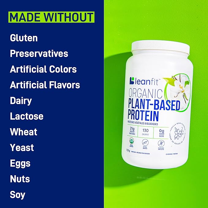 LeanFit Organic Plant-Based Protein Powder, Natural Vanilla Flavor - Vegan, USDA Organic Certified, Soy-Free, Gluten-Free, Dairy-Free, Sugar-Free, Non-GMO - 21g Protein, 19 Servings, 1.58 Pound Tub