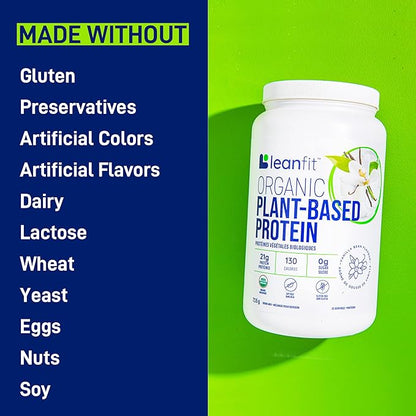 LeanFit Organic Plant-Based Protein Powder, Natural Vanilla Flavor - Vegan, USDA Organic Certified, Soy-Free, Gluten-Free, Dairy-Free, Sugar-Free, Non-GMO - 21g Protein, 19 Servings, 1.58 Pound Tub